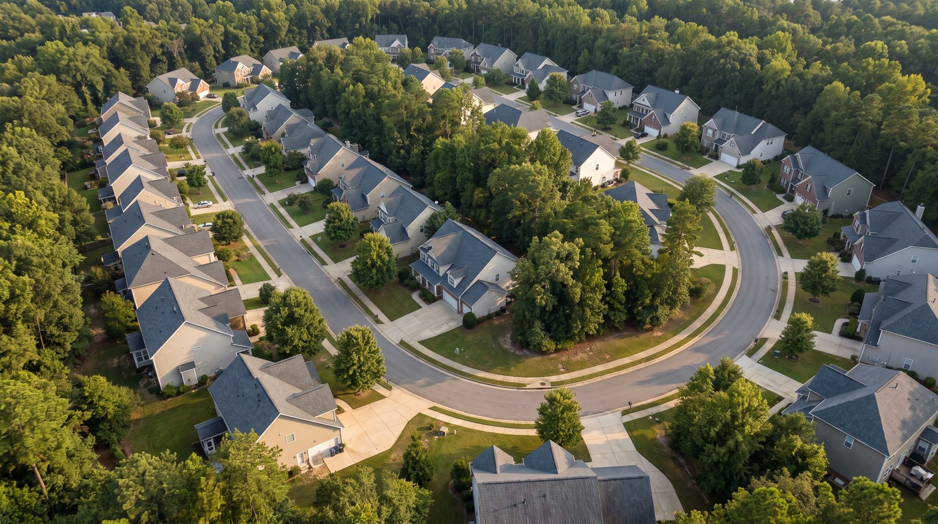 Aerial view of a Piedmont residential neighbourhood with pitched shingle roofs among mature trees