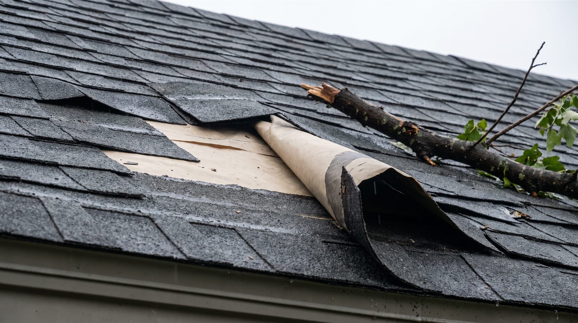Close view of an asphalt shingle roof slope with lifted and creased tabs and a fallen limb across it