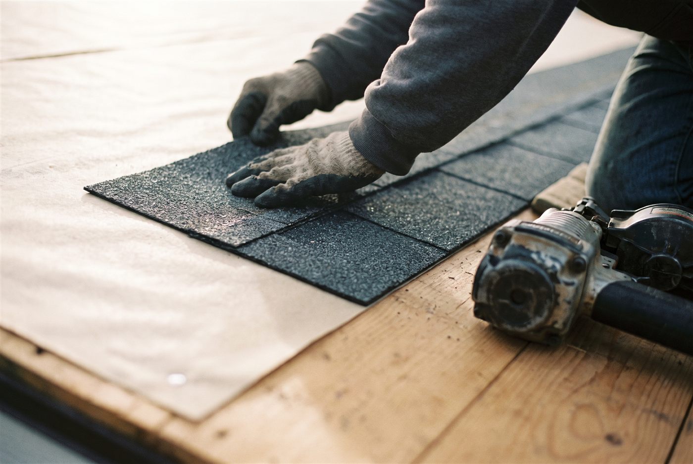 A roofer positioning an asphalt shingle on a roof deck
