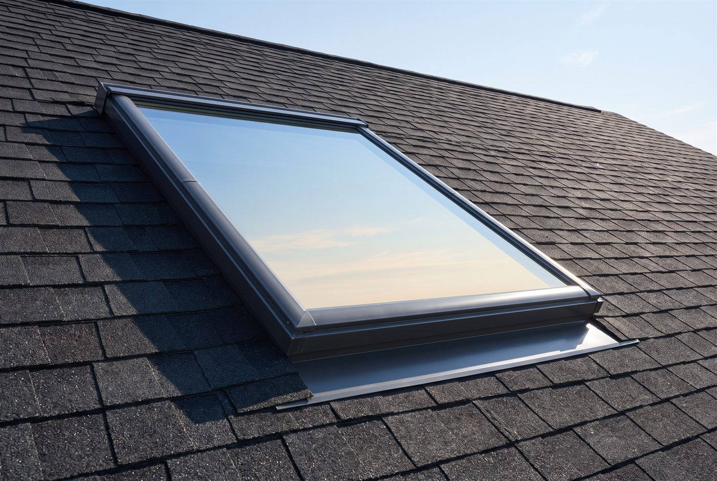 A newly installed skylight flashed into an asphalt shingle roof